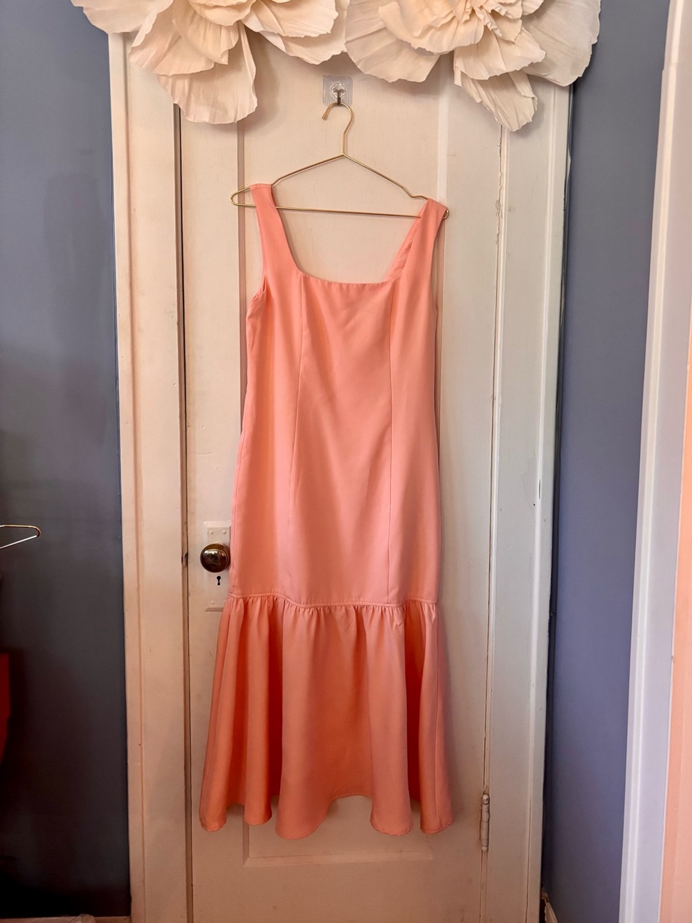 Vici Peach-Pink Midi Dress with Flounced Hem